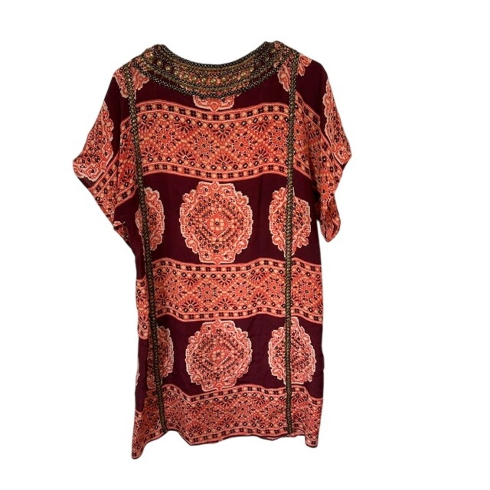 Calypso St Barth Silk Medallion Tunic Dress Orange Burgundy Studded Boho Medium - Picture 2 of 11